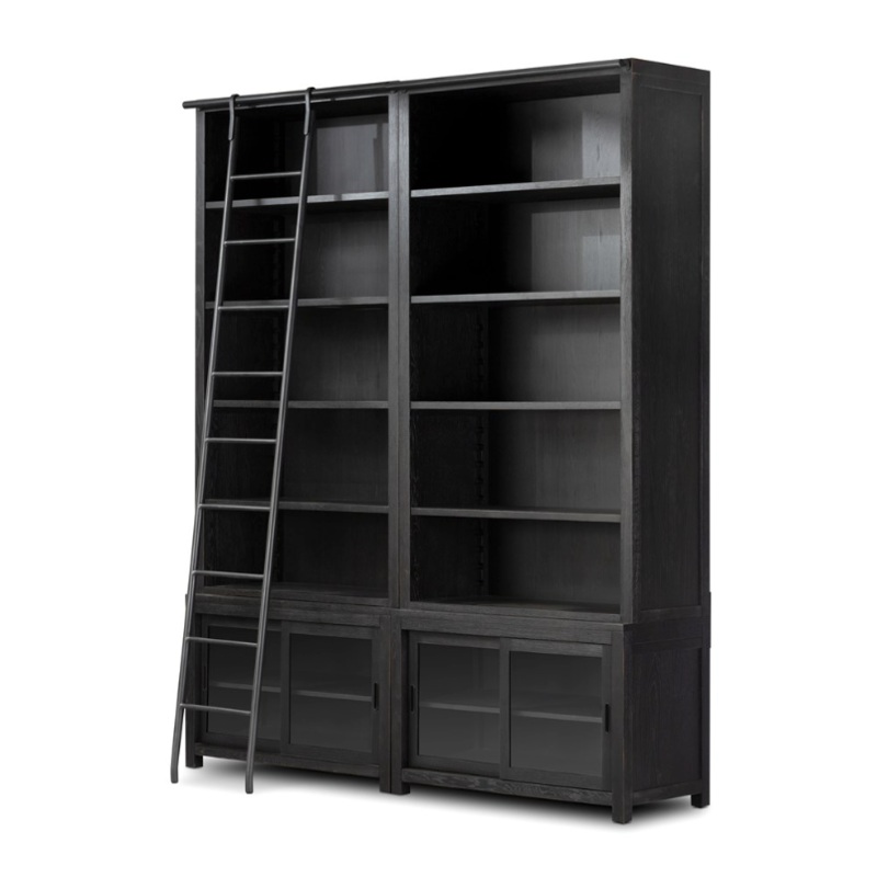 Admont Double Bookcase w/ Ladder-Worn Black