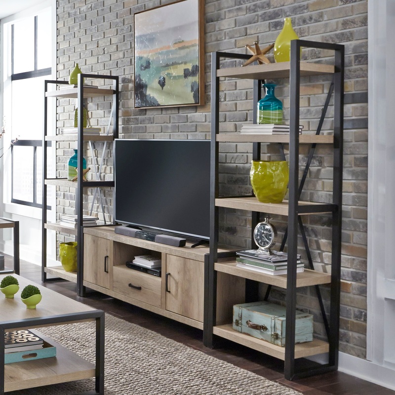 Sun Valley – Entertainment Center With Piers (Metal Side Drawers) – Light Brown