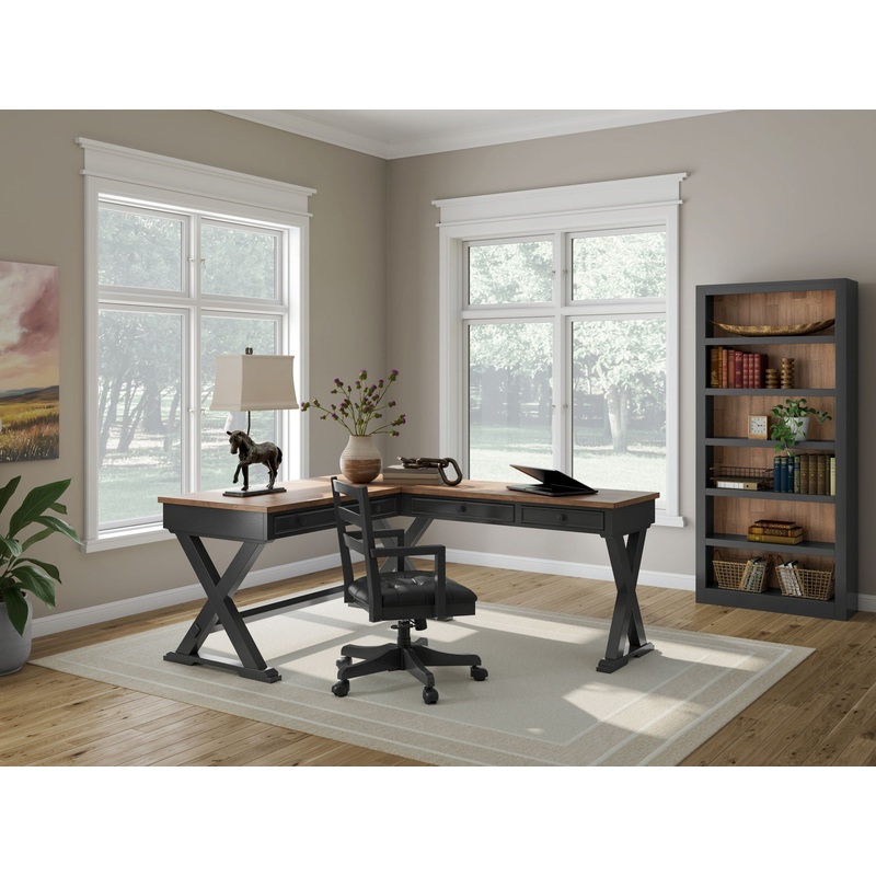 Wildenauer – Brown / Black – 4 Pc. – Home Office Desk And Return, Swivel Desk Chair, Bookcase