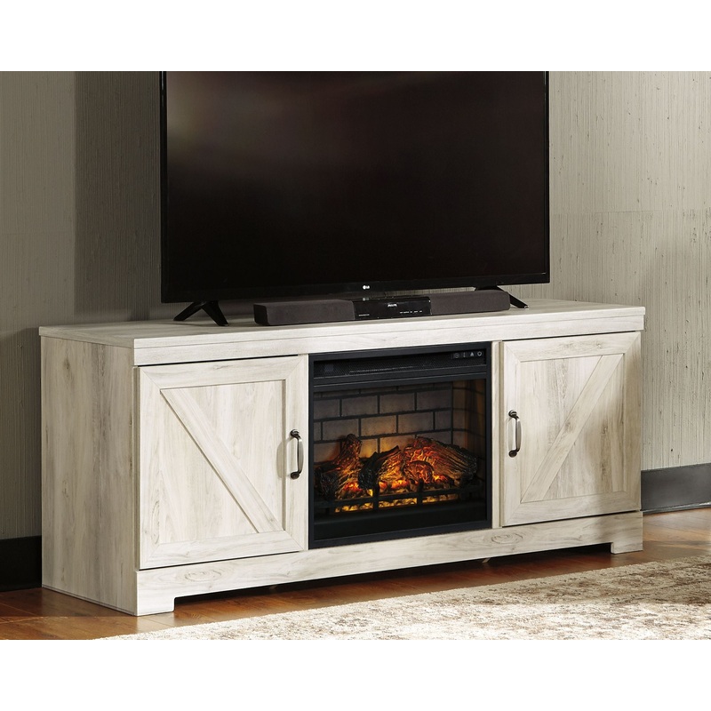 Bellaby – Whitewash – 63″ TV Stand With Faux Firebrick Fireplace Insert