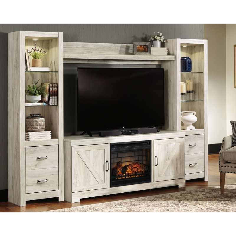 Bellaby – Whitewash – Entertainment Center – TV Stand With Faux Firebrick Fireplace Insert