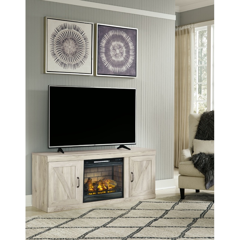 Bellaby – Whitewash – TV Stand With Faux Firebrick Fireplace Insert