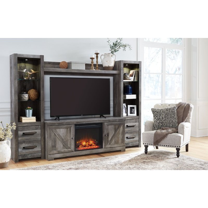 Wynnlow – Gray – Entertainment Center – TV Stand With Glass/Stone Fireplace Insert