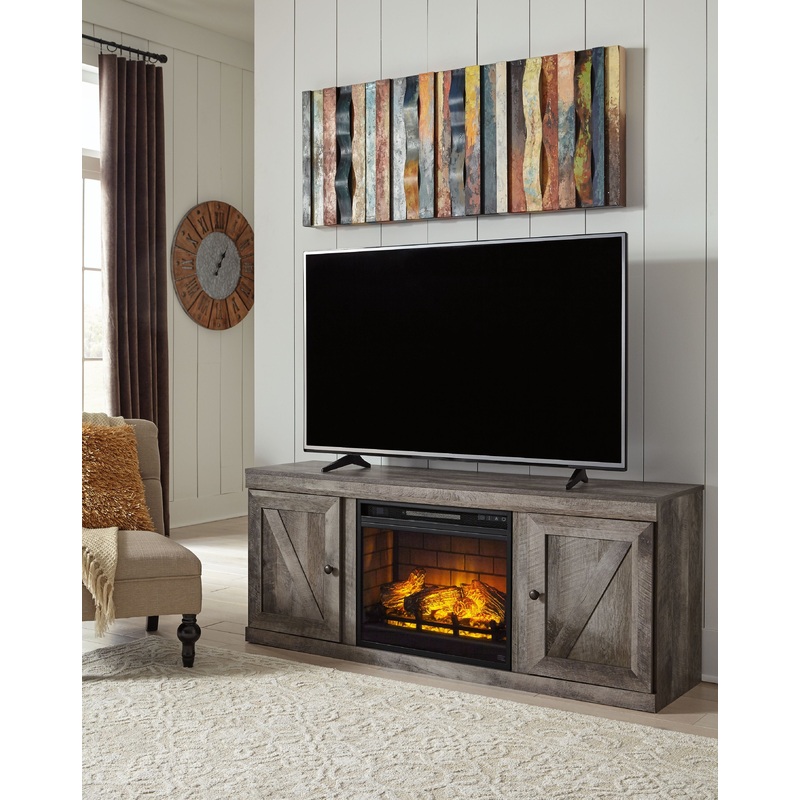 Wynnlow – Gray – TV Stand With Faux Firebrick Fireplace Insert