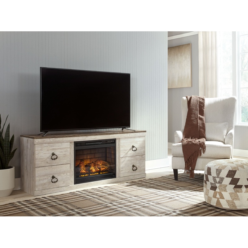 Willowton – Whitewash – 2 Pc. – TV Stand with Faux Firebrick Fireplace Insert