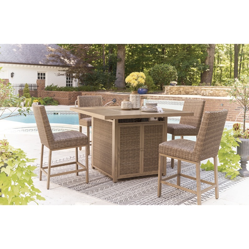 Walton Bridge – Driftwood – 5 Pc. – Square Bar Table W/Fire Pit, 4 Barstools