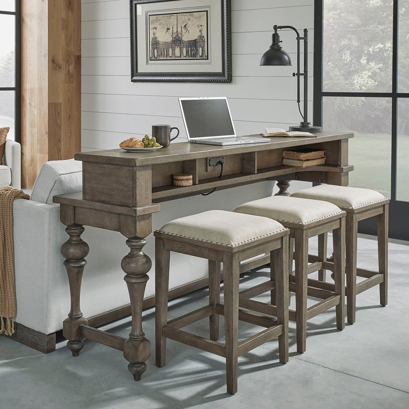 Americana Farmhouse – 4 Piece Console Set (Console 3 Stools) – Light Brown