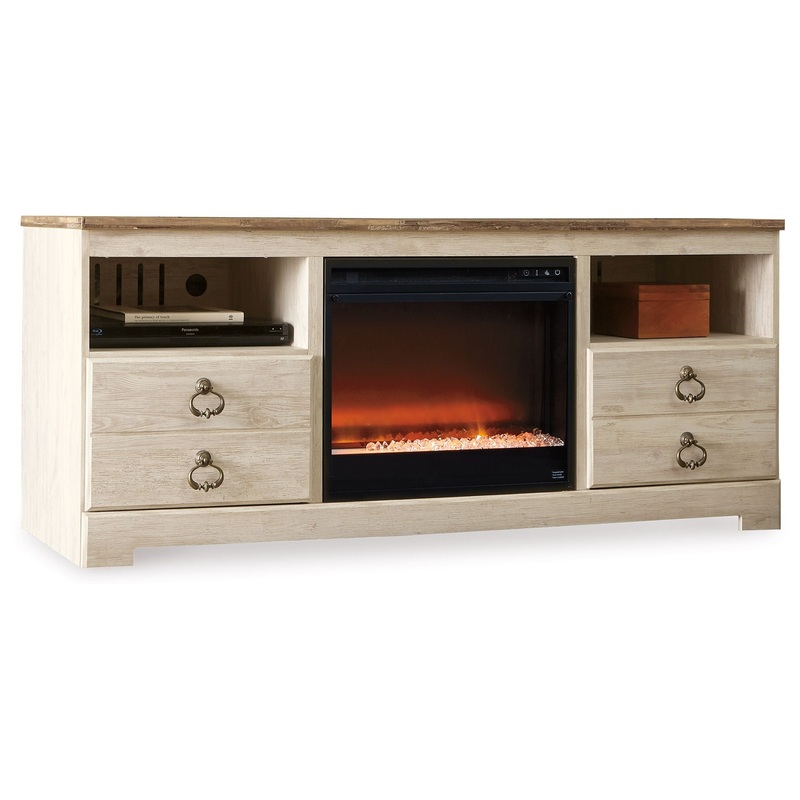 Willowton – Whitewash – 64″ TV Stand With Glass/Stone Fireplace Insert