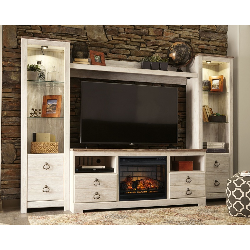 Willowton – Whitewash – Entertainment Center – TV Stand With Faux Firebrick Fireplace Insert