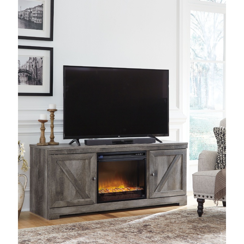 Wynnlow – Gray – 63″ TV Stand With Glass/Stone Fireplace Insert