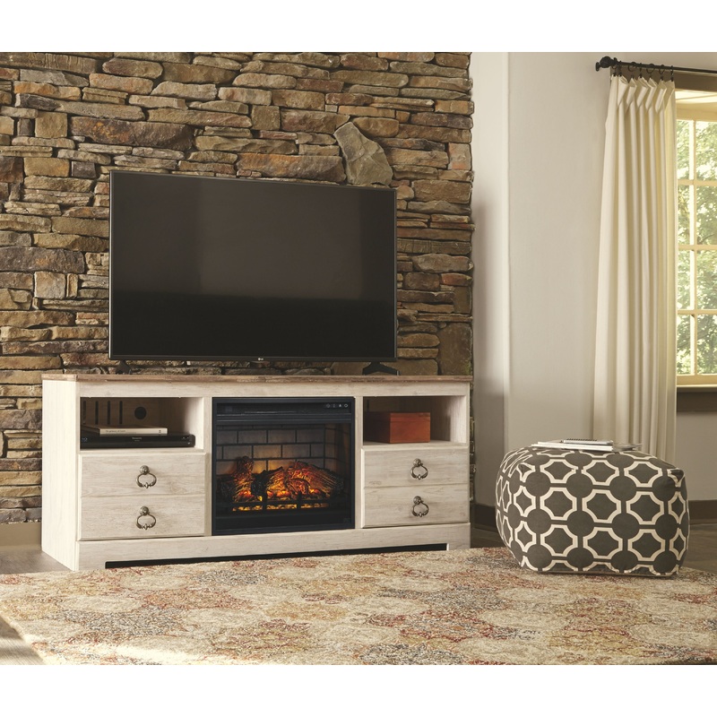 Willowton – Whitewash – 2 Pc. – 64″ TV Stand with Faux Firebrick Fireplace Insert