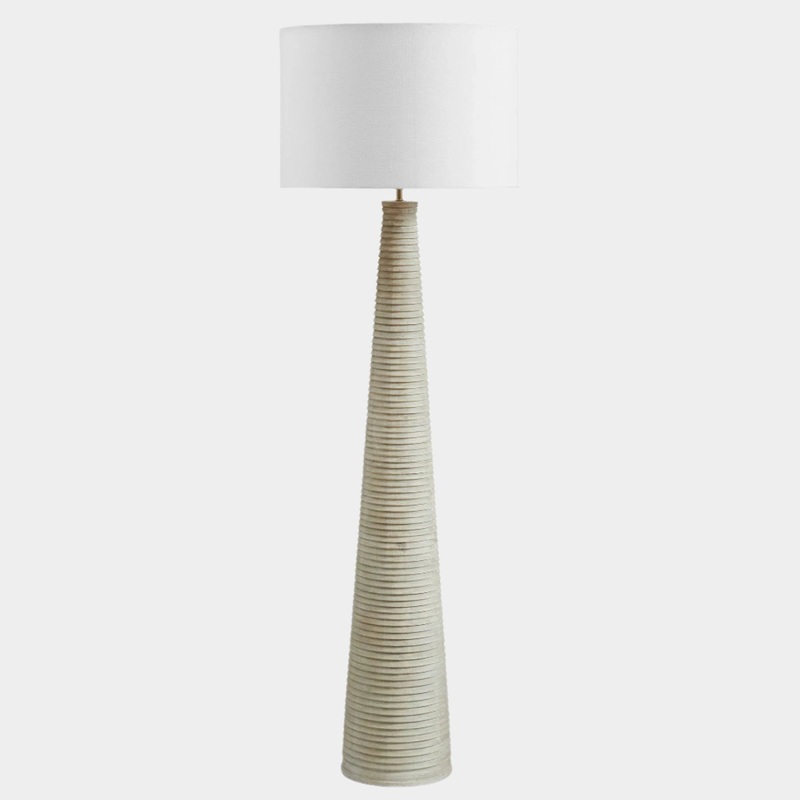 Saylor Carved Ribbed Wood Floor Lamp With Drum Shade in White Gray
