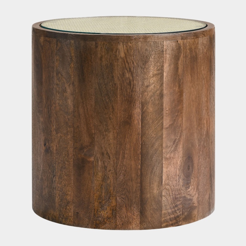 Truett Round Wood Rattan Side Table in Walnut
