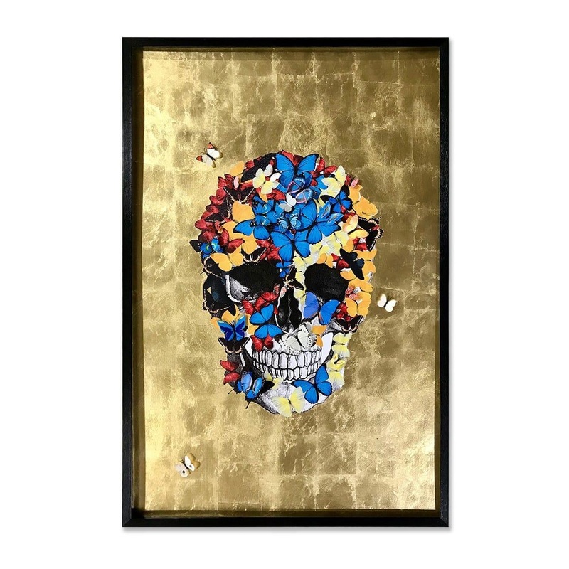 Skull Butterfly Golden background Shadowbox with Black Frame