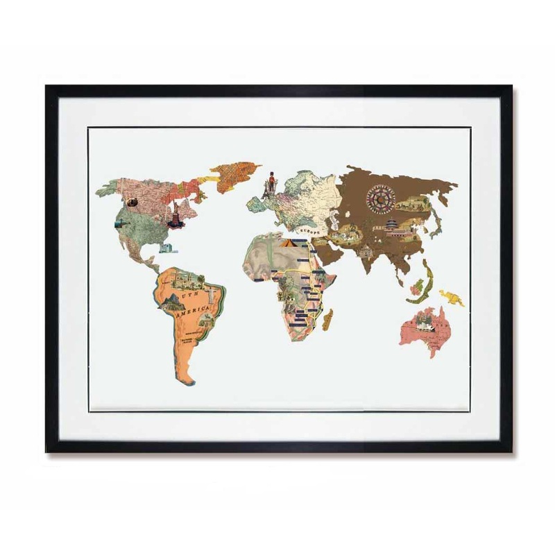World Map Collage Art with Black Frame