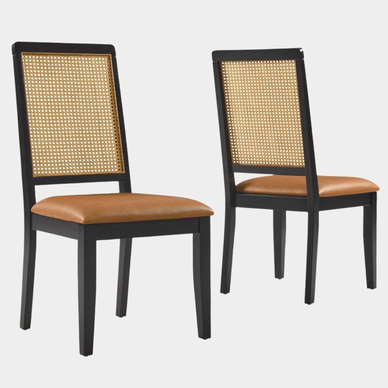 Arlo Vegan Leather Upholstered Faux Rattan and Wood Dining Side Chairs – Set of 2