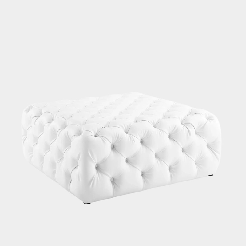Amour Tufted Button Large Square Faux Leather Ottoman in White