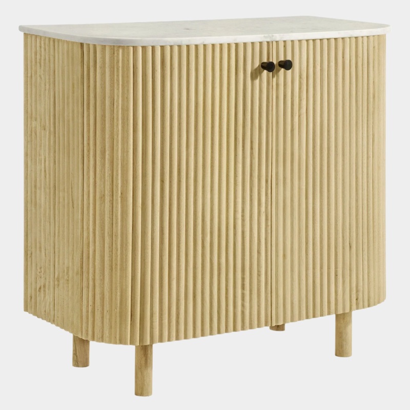 Caldera 33″ Curved Solid Wood and Marble Accent Storage Cabinet in Natural