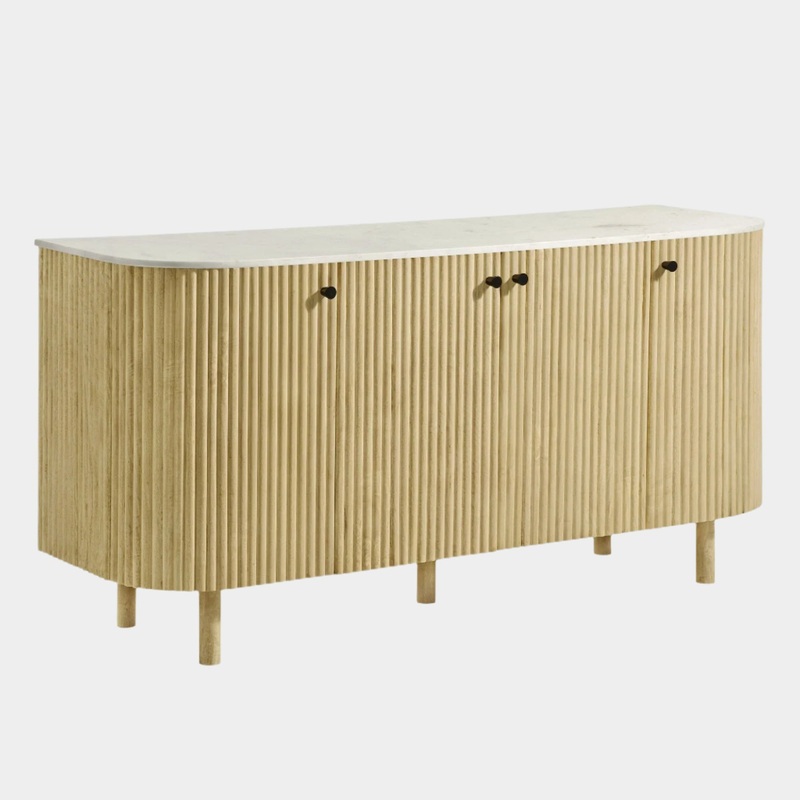 Caldera 60″ Curved Solid Wood and Marble Sideboard Storage Cabinet in Natural