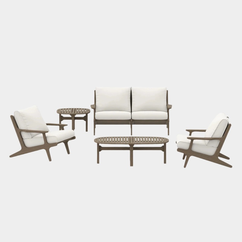 Saratoga 5-Piece Outdoor Patio Teak Wood Furniture Set in Weathered Gray White