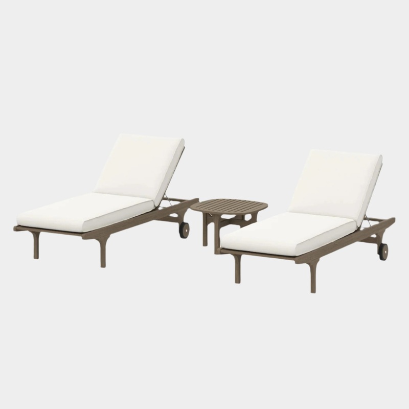 Saratoga Outdoor Patio Teak Wood 3-Piece Chaise Lounge Furniture Set in Weathered Gray