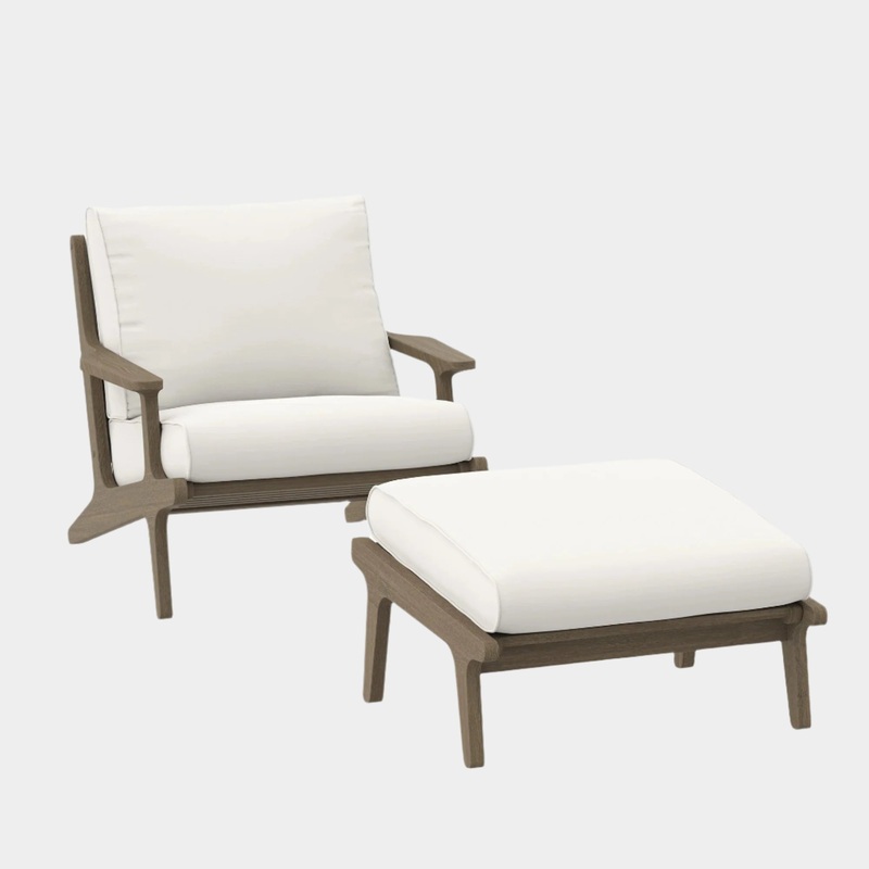 Saratoga Outdoor Patio Teak Wood Chair and Ottoman Set in Weathered Gray White