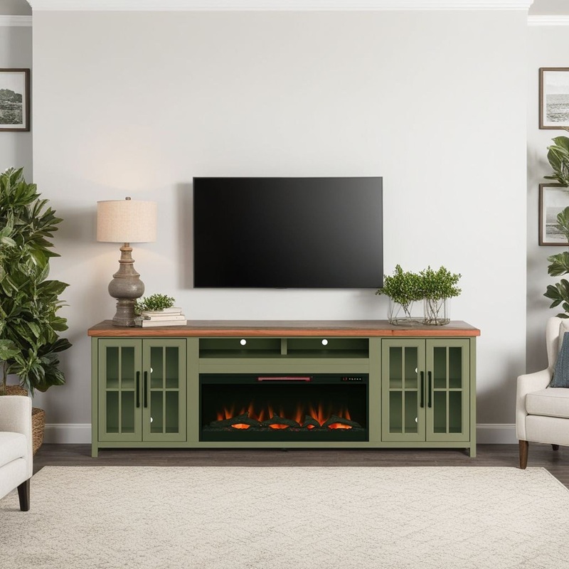 Vineyard – 97″ Fireplace TV Stand Console For TVs Up To 100″ – Sage Green And Fruitwood Finish