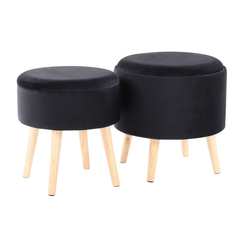 Tray – Contemporary Storage Ottoman With Matching Stool – Black / Natural