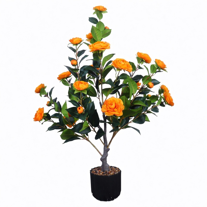 2 Pack Artificial Camellia Trees, Faux Potted Plants With Orange Flowers For Indoor Or Outdoor Decor, Porch, Office, Or Home Use – Black / Green / Orange
