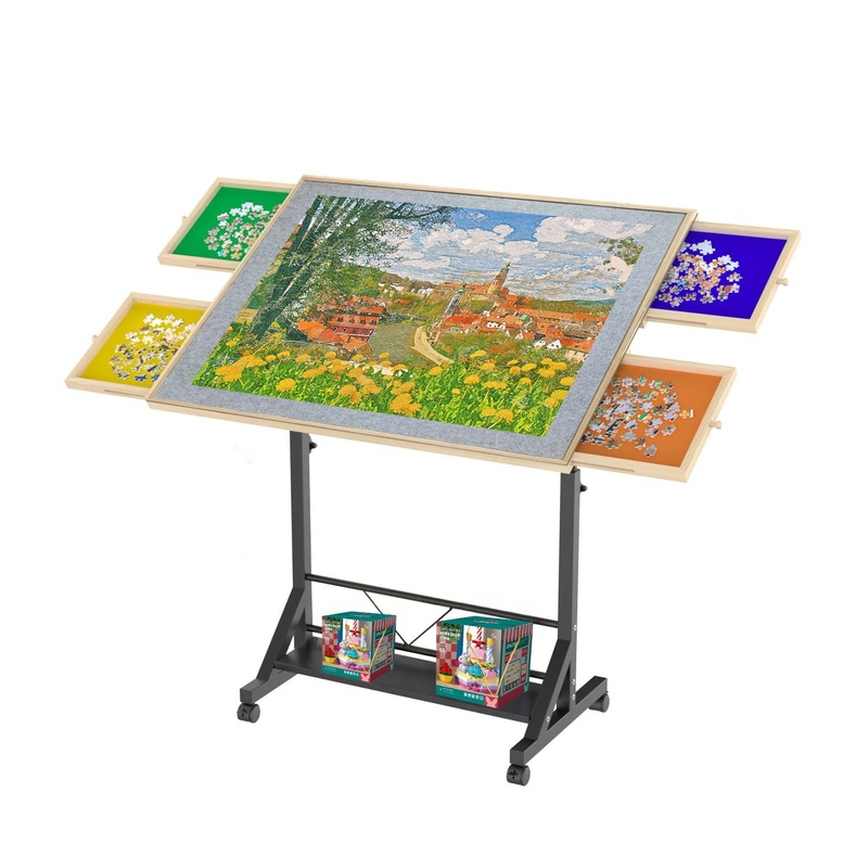 360 Degree Tilting Wooden Puzzle Table With 1500 Pieces, Rolling Design With Adjustable Height, Drawer, And Protective Cover – Black / Natural Wood