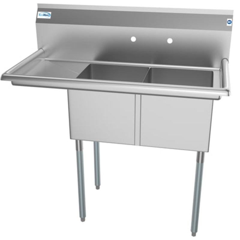 43 in. Two Compartment Stainless Steel Commercial Sink with Drainboard, Bowl Size 14″x 16″x 11″ SB141611-12L3.