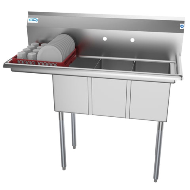 45 in. Three Compartment Stainless Steel Commercial Sink with Drainboard, Bowl Size 10″x 14″x 10″ SC101410-12L3.