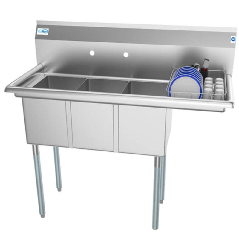45 in. Three Compartment Stainless Steel Commercial Sink with Drainboard, Bowl Size 10″x 14″x 10″ SC101410-12R3.