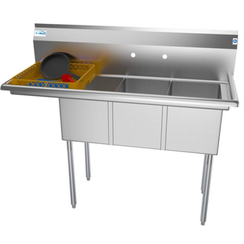 51 in. Three Compartment Stainless Steel Commercial Sink with Drainboard, Bowl Size 12″x 16″x 10″ SC121610-12L3.