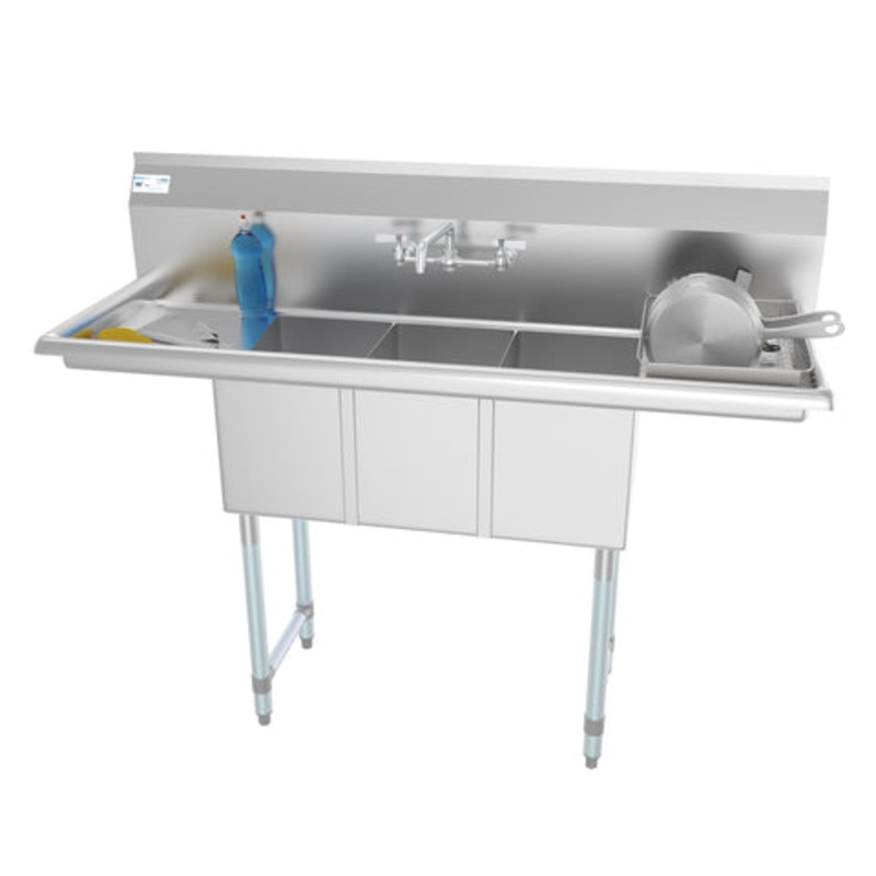 54 in. Three Compartment Stainless Steel Commercial Sink with Faucet and Drainboards, Bowl Size 10″x 10″x 14″ SC101410-12B3FA .