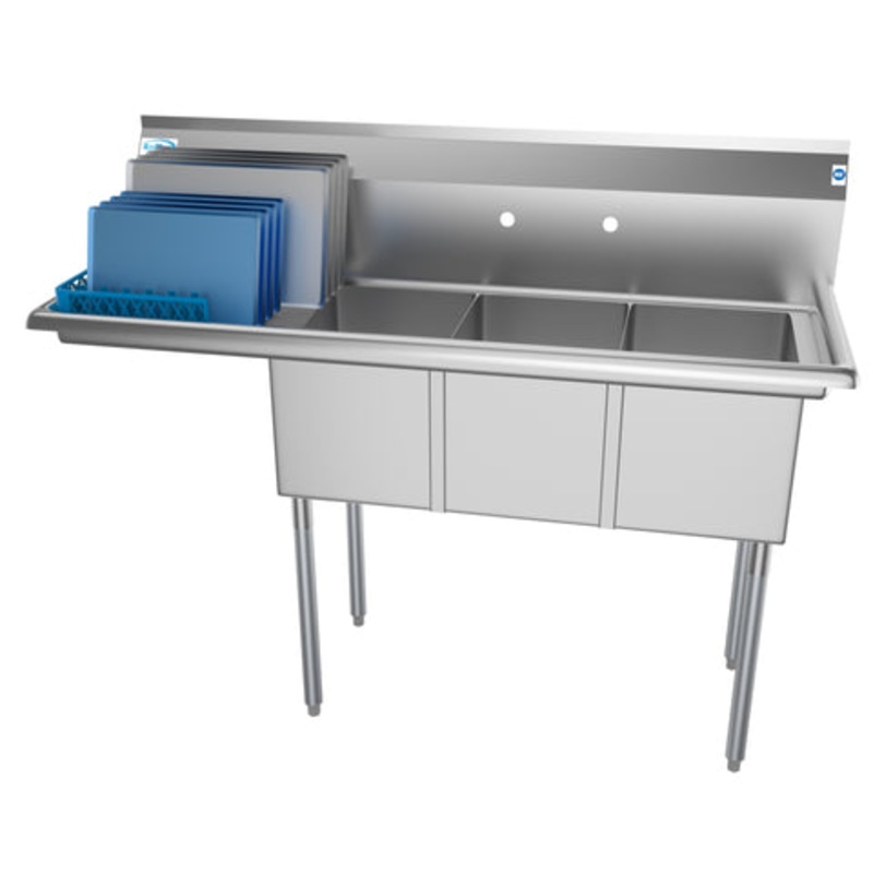55 in. Three Compartment Stainless Steel Commercial Sink with Drainboard, Bowl Size 12″x 16″x 10″ SC121610-16L3.