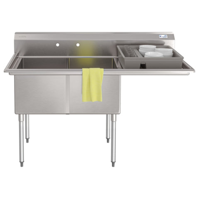 63 in. 18-Gauge 2-Compartment Commercial Sink with Backsplash and 24 in. Right Drainboard, Bowl dimensions 18″x24″x14″ in Stainless-Steel (KM-SB182414-24R3)