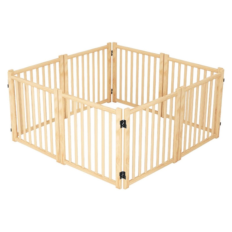 8 Panel Wooden Freestanding Dog Gate, Step Over Indoor Pet Fence For Doorways And Stairs – Natural Wood