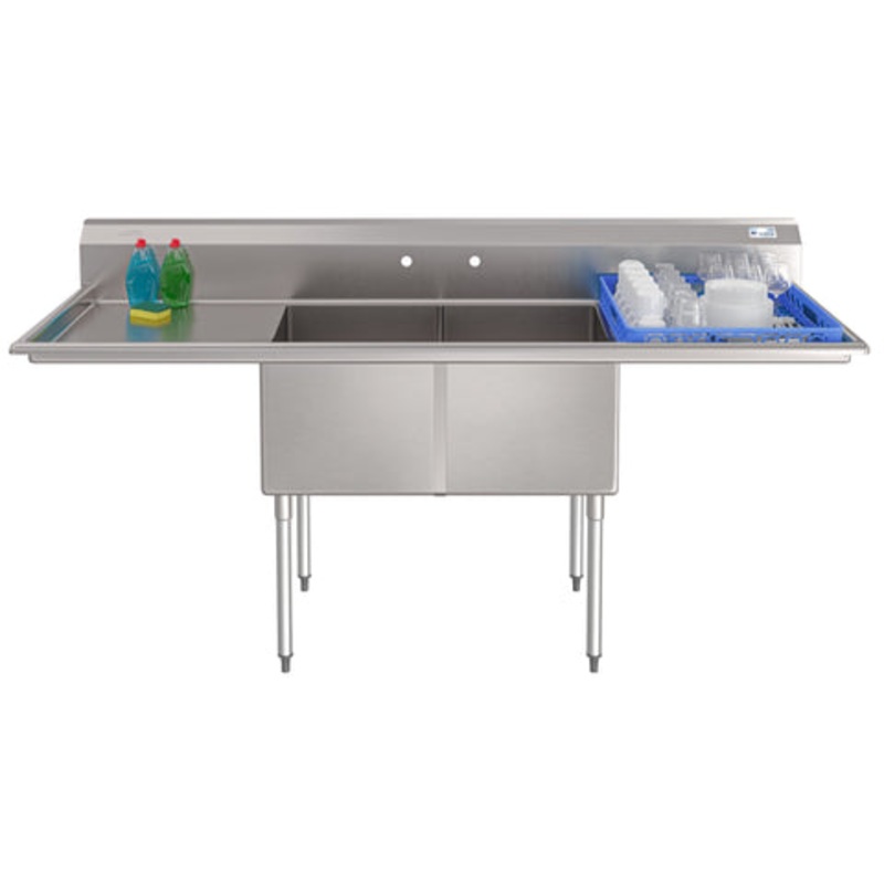 84 in. 18-Gauge 2-Compartment Commercial Sink with Backsplash and 24 in. Dual Drainboards, Bowl dimensions 18″x24″x14″ in Stainless-Steel (KM-SB182414-24B3)