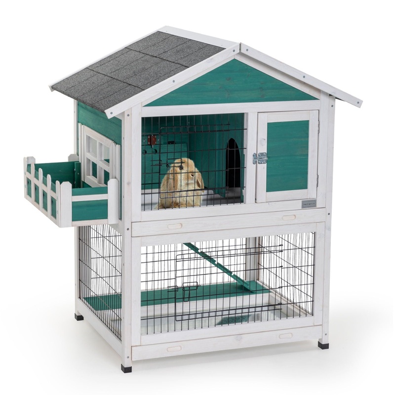 2 Story Wooden Rabbit Hutch Outdoor Indoor Bunny Cage Pull Out Tray, Waterproof Roof – Green