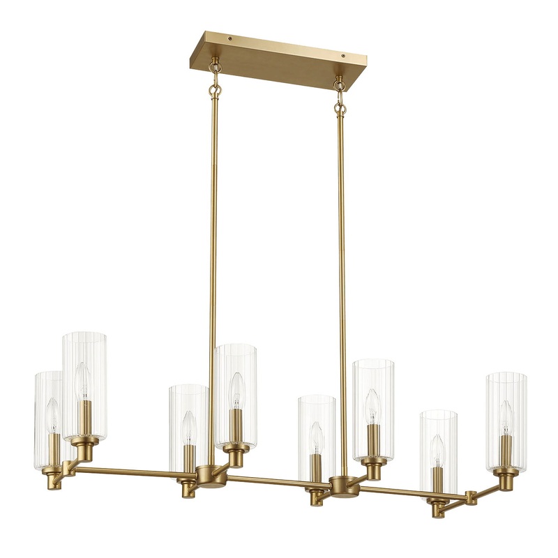 Willow – 8 Lights Island With Clear Ribbed Pendant Lamp Satin – Antique Brass / Clear / Gold