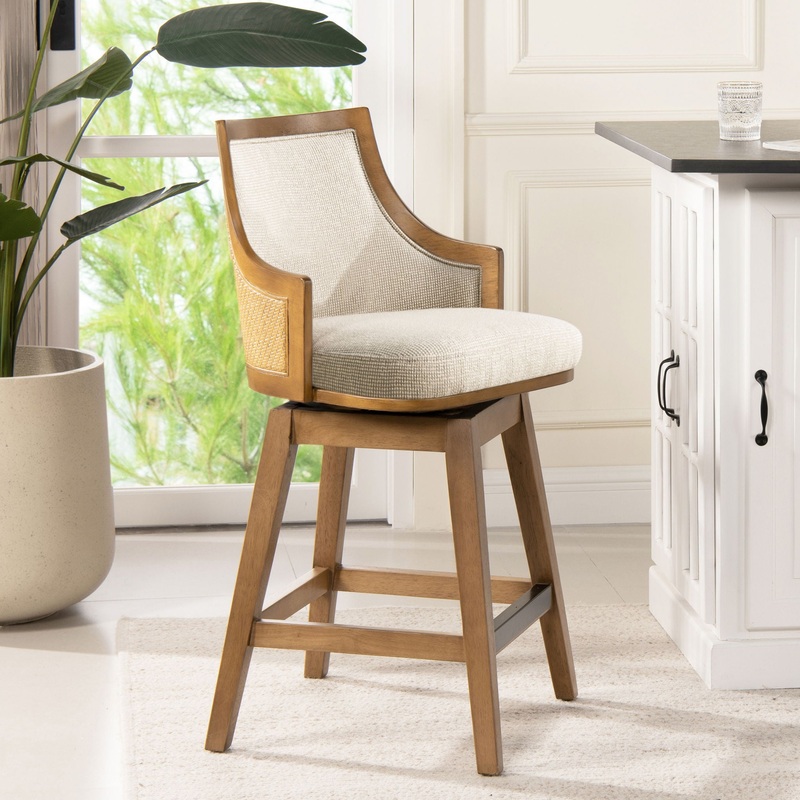 Bahama – Cane High Back Swivel Counter Stool With Recessed Arms Textured Weave – Taupe Beige