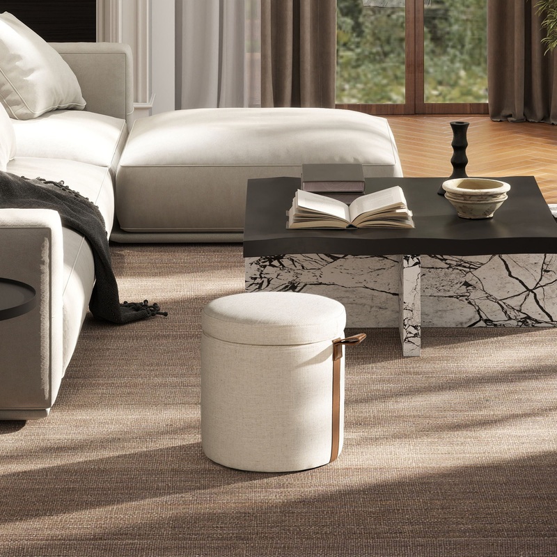 Brandy – Round Upholstered Storage Ottoman With Leather Accent
