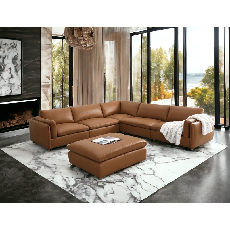 Brighton – Top Grain Leather 6 Pieces Modular Sectional With 1 Ottoman – Brown