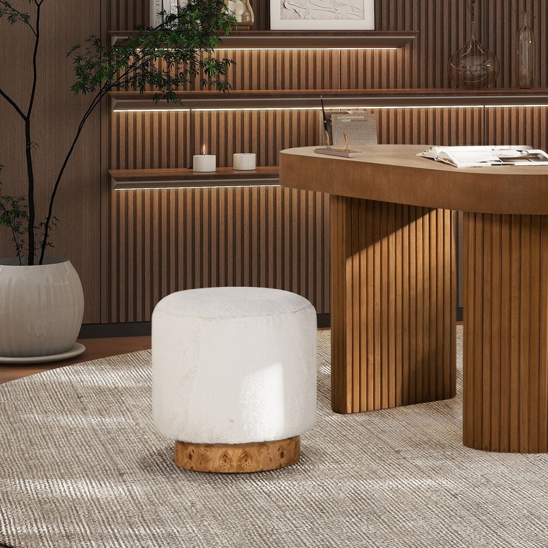 Tilly – Round Fur Upholstered / Burl Pouf Ottoman – White