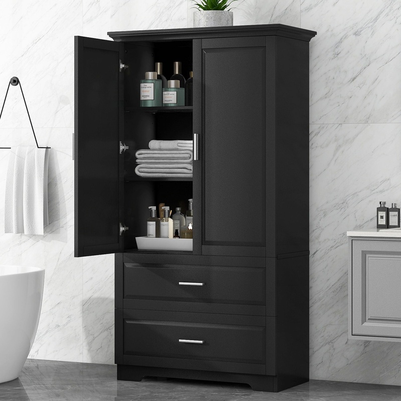 Tall Bathroom Storage Cabinet, Cabinet With 2 Doors And Drawers, Adjustable Shelf
