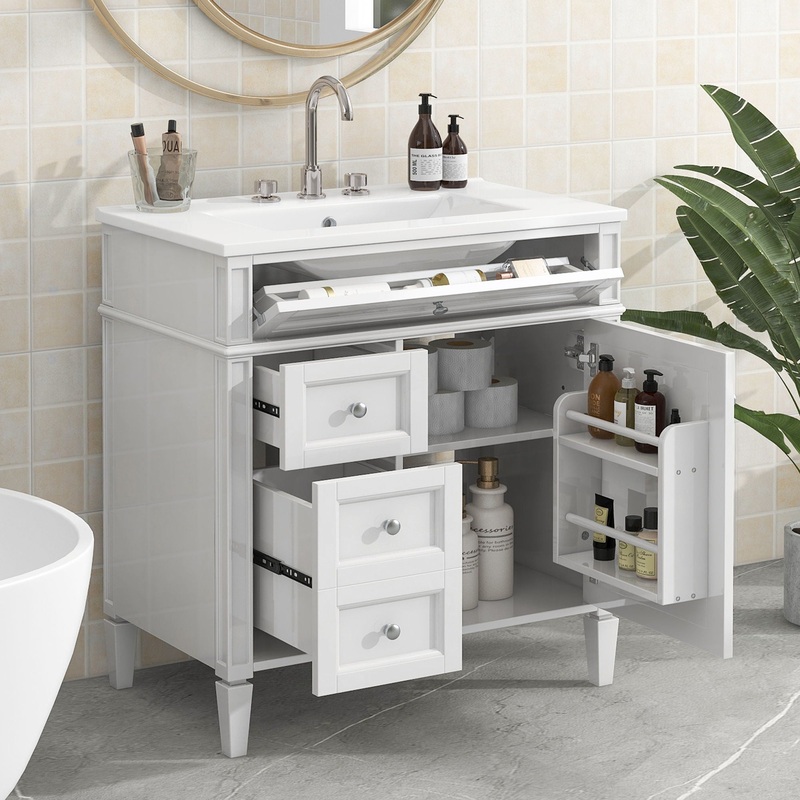 Bathroom Vanity With Top Sink, Modern Bathroom Storage Cabinet With 2 Drawers And A Tip-Out Drawer
