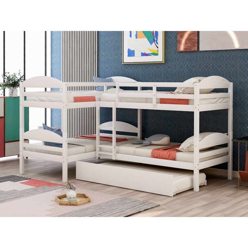 Twin L-Shaped Bunk Bed With Trundle – White