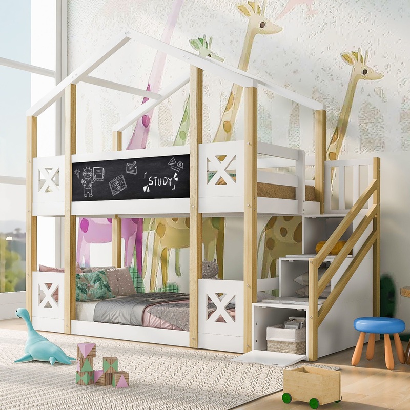Twin Over Twin House Bunk Bed With White Storage Staircase And Blackboards – White