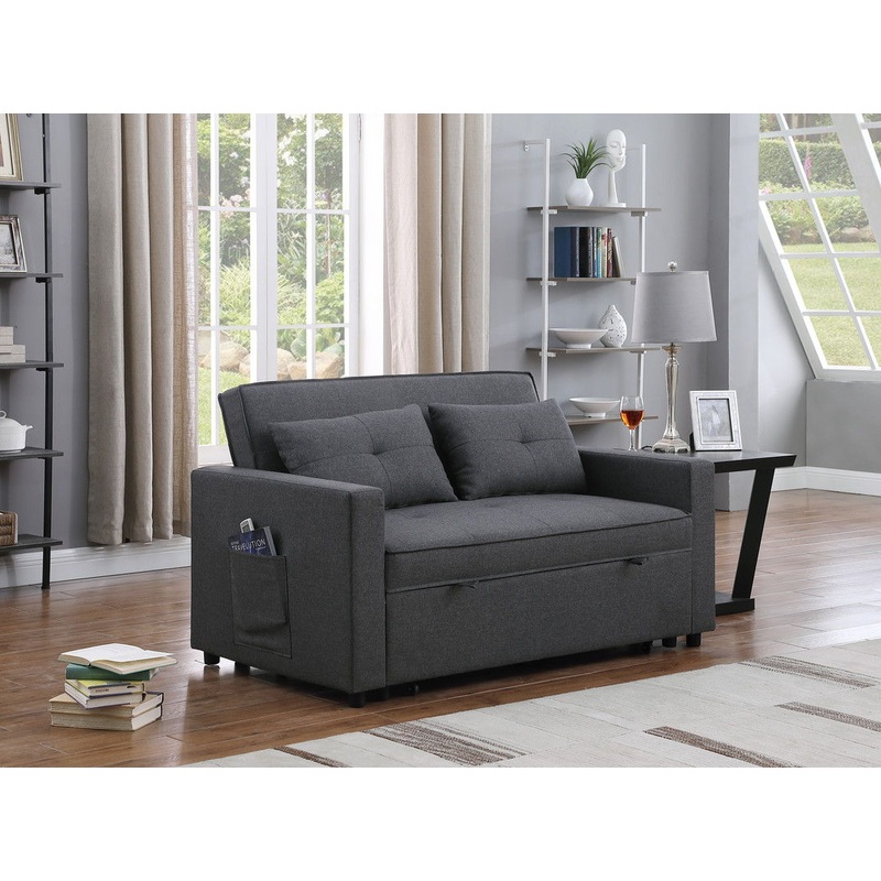 Zoey – Linen Convertible Sleeper Loveseat With Side Pocket